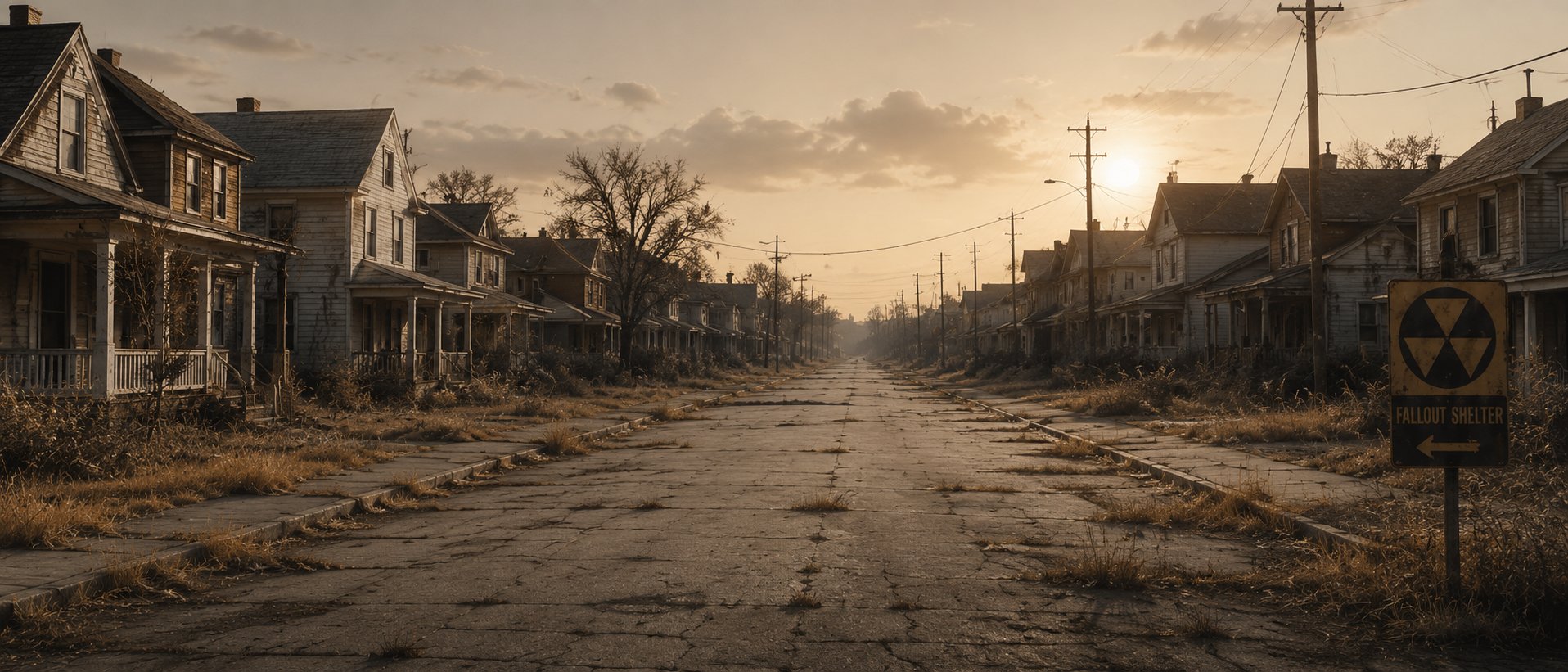 Empty street at sunset with fallout shelter sign