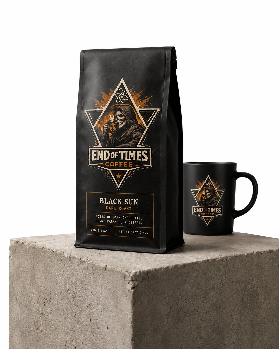 Black Sun Dark Roast on concrete pedestal with matching enamel mug